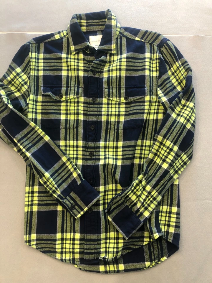 American Eagle Shirt Men's Extra Small Classic Fit Navy Blue Yellow Flannel - Image 1 of 4