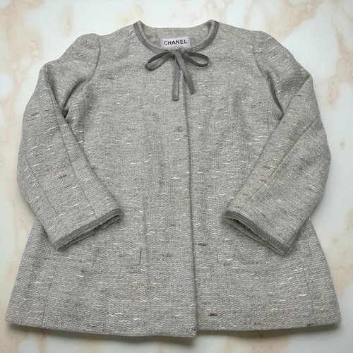 Giacca donna CHANEL tweed grigio chiaro autentica cravatta nastro raro modello Francia
