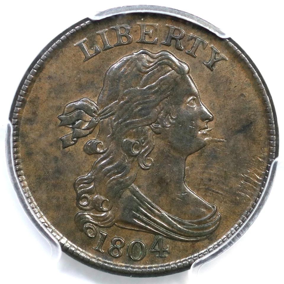 1804 C-6 R-2 PCGS AU 58 Spiked Chin Draped Bust Half Cent Coin 1/2c - Image 1 of 3