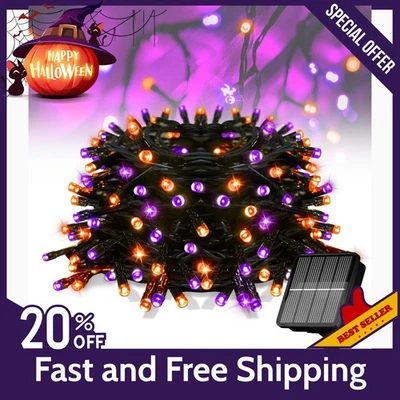 FLECHLLARY Solar Halloween Lights,39Ft 100LED Orange & Purple String Lights,Halloween Solar