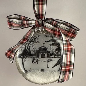 JULISKA COUNTRY ESTATE Winter Scene Ice Skaters Ornament Glitter Plaid Bow NEW - Picture 1 of 15