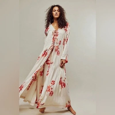 Intimate Free People новый с Ярлыками яркие цветы макси халат белый розовый - размер средний - Изображение 1 из 4