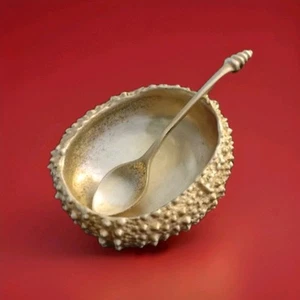 Sea Urchin Salt Cellar And Spoon Table Art Gold Color Metal - Picture 1 of 7