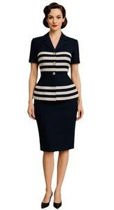 Joseph Ribkoff Vintage Azul y Blanco Falda Traje Lápiz Reino Unido 12 Secretaria Geek - Imagen 1 de 9