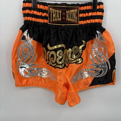 Muey Thai Boxing Shorts M/L Unisex Orange/Black Gold/Silver Embroidered Accents - Image 1 of 4