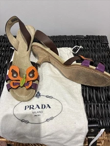 Prada Butterfly Sandals Kitten Heel Leather Slingback Shoes Size 37.5 Eu 4.5 Uk - Picture 1 of 15