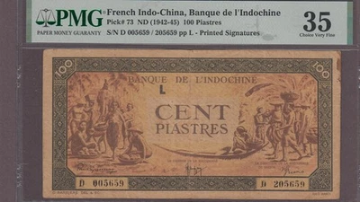 French Indochina 100 Piastres Note P-73  ND (1942-45)  Orange PMG 35 - Image 1 of 2