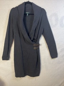Ralph LAUREN Pullover Strickkleid Schalkragen Faux Wickelschnalle schwarz/grau Large - Bild 1 von 4