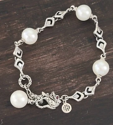 John Hardy Ruby Eye Pearl Dangle Naga Clasp Bracelet with JH Hangtag 13.8gr - Image 1 of 4