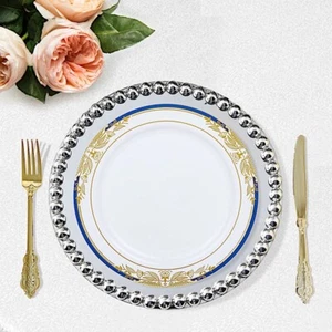10 in White Round Plates Royal Blue Gold Trim Party Disposable Supplies Bulk - Picture 1 of 9