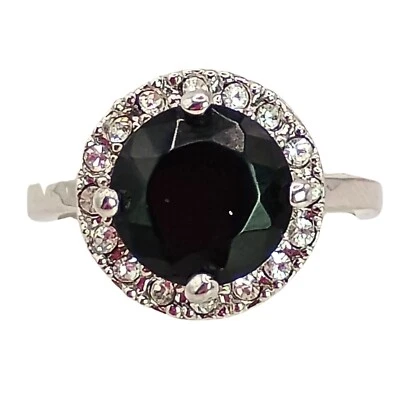 Anillo de moissanita con halo de ónix negro enchapado en plata para mujer talla 7 gótico redondo facetado Foto 1 de 4