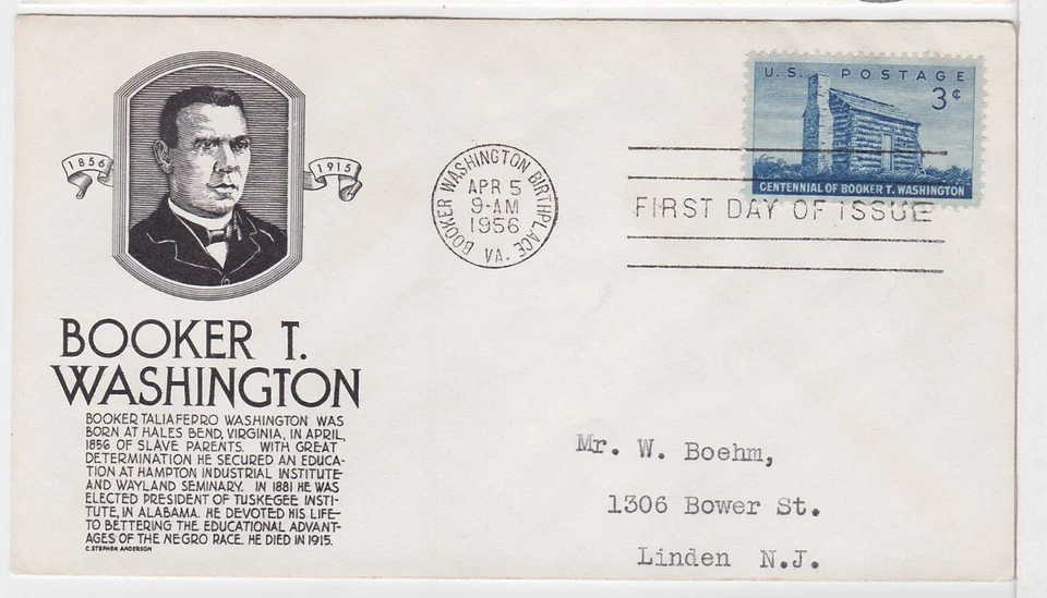 TurtlesTradingPost - Booker T Washington   #1074- 1956 FDC - Anderson Cachet - Image 1 of 1