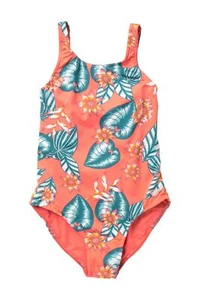ROXY Girl Floral Time Basic One Piece Swimsuit Dubarry Leafy Orange 8/10/12/14 - Picture 1 of 2