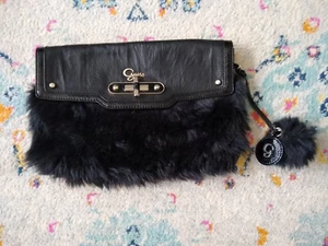 Guess Black Fur Pom Pom Clutch Handbag Purse PVC Patent Trim Silver Logo Charm - Picture 1 of 8