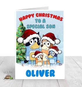 Tarjeta de Navidad AZUL personalizada - CUALQUIER nombre y relación - Imagen 1 de 1