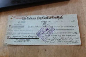 YOKOHAMA, JAPAN BRANCH NATIONAL CITY BANK OF NEW YORK CHECK 1932 W/TAX STAMP - Picture 1 of 2