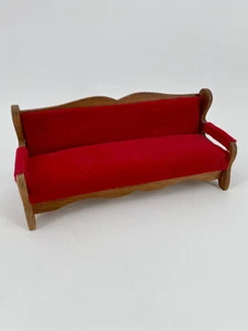 Miniature Dollhouse Shackman Red Velvet Cushions Wood Sofa Couch VTG 1970s - Picture 1 of 11