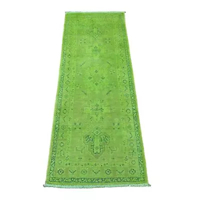 2'1"x5'9" Green Overdyed Kazak Tribal Design Hand Knotted Wool Runner Rug R20678 - Image 1 of 4