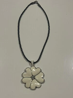 Lia Sophia 15” Black Leather Braided Necklace White paint Enamel Flower Pendant - Image 1 of 4