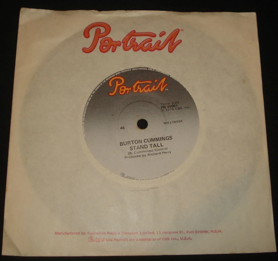 BURTON CUMMINGS - STAND TALL 1976 PORTRAIT 45 1970's POP / ROCK - Image 1 of 1
