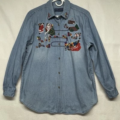 Karen Scott Denim Christmas Shirt Womens XL Button Up Santa Getting Ready - Image 1 of 4