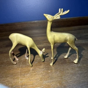 Vintage Brass Deer Pair Standing Head Up Down MCM Animal Figure Sculpture - Picture 1 of 7