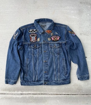 Custom Men’s Large Jean Jacket 14 Patches Eagle Biker Sturgis South Denim - Image 1 of 4