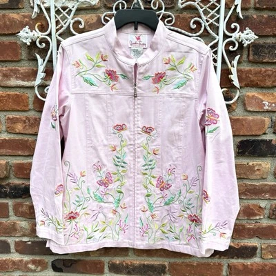 Quacker Factory Pink Zip Jacket Medium Floral Embellished Embroidered Butterfly - Image 1 of 4