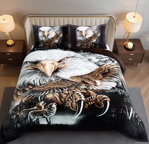 EAGLE BLACK COLOR BLANKET  WITH SHERPA VERY SOFTY THICK & WARM 3 PCS KING SIZE - Picture 1 of 1