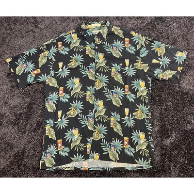 Vintage Mens Campa Moda Large Beer Hawaiian Shirt Black Tropical Palm Tree Print - Image 1 of 4