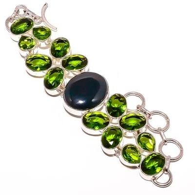 Brazalete étnico de plata de ley 925 peridoto de ónix verde natural 7-7,99" B7510-39 Foto 1 de 4