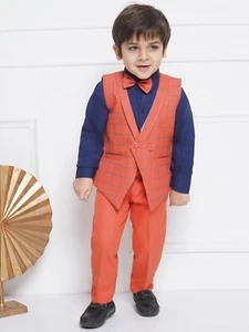 Kids Cotton Blend Checkered Clothing Suit Set For Boys With Waist Coat - Picture 1 of 25