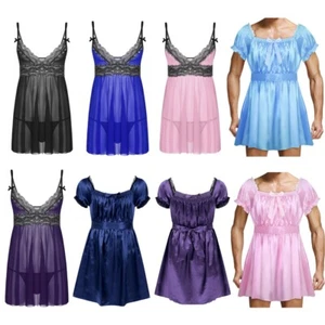 Herren Satin Sissy Dessous Crossdress Nachtwäsche Pyjama Kleid Babydoll Unterwäsche - Bild 1 von 105