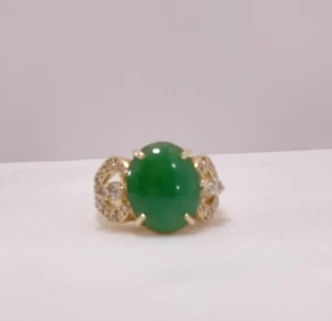 GIA Certified 14K Gold Jadeite And Diamond Ring Size 7 - Picture 1 of 6