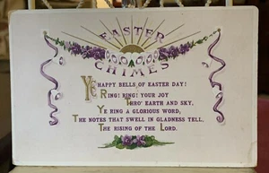 EASTER CHIMES VERSE THE RISING OF THE LORD VIOLETS BELLS GOLD VINTAGE POSTCARD - Picture 1 of 5