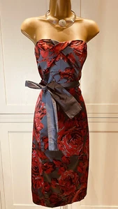 Coast UK 16 Dark Grey And Red Satin Floral Print Strapless Belted Party Dress - Picture 1 of 12