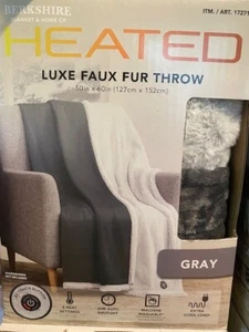 Berkshire Heated Throw Blanket Luxe Faux Fur Plaid..50x60 in...Gray - Picture 1 of 1