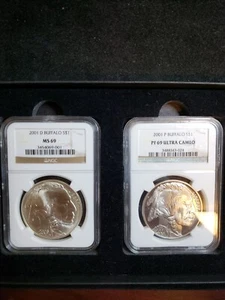 2 Coin 2001 Buffalo "D" MS-69 & 2001 "S" Pf-69 NGC Holders. (RK-193) - Picture 1 of 5