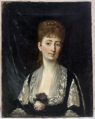 Tableau Ancien Signé « MANET » Portrait Femme Fleur Rose Édouard Peinture 19ème - Photo 1/4