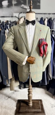 Nuevo sin etiquetas Hermoso Abrigo Deportivo PERSONALIZADO Verde/Azul a Cuadros Lana/Seda Kiton 42R EE. UU. 52R IT Foto 1 de 4