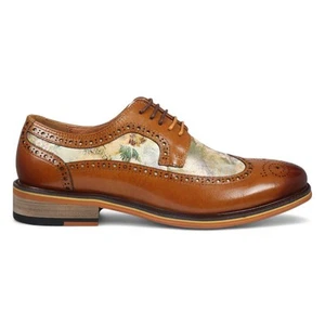 Justin Reess Men's Brown Leather Iconic Print Brogue Dress Shoes - Scott - Picture 1 of 8
