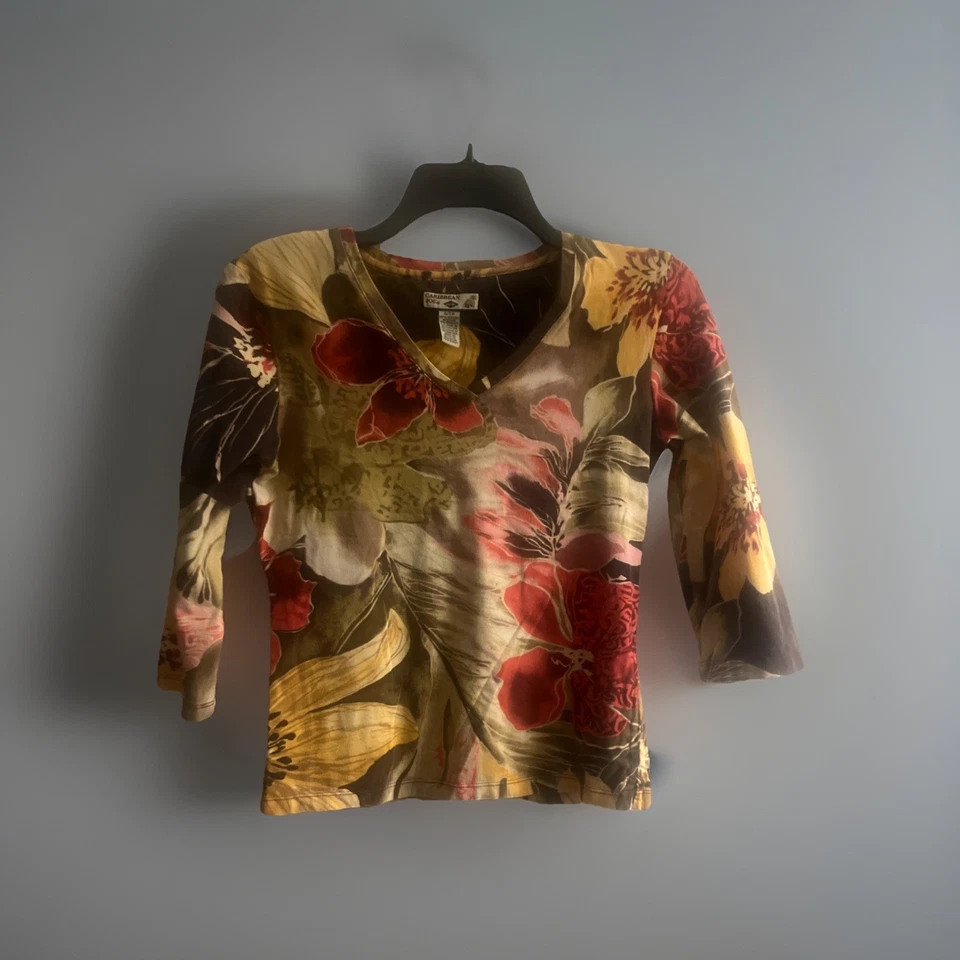 Camisa Caribbean Joe Mujer Xs Tropical Floral Manga Larga Pullover! Bonito Foto 1 de 3