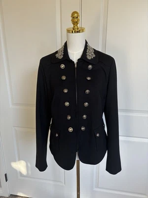 INC Women’s Black Blazer Beaded Collar Detail Zip Front Size Large Workwear — 第 1/4 张图片
