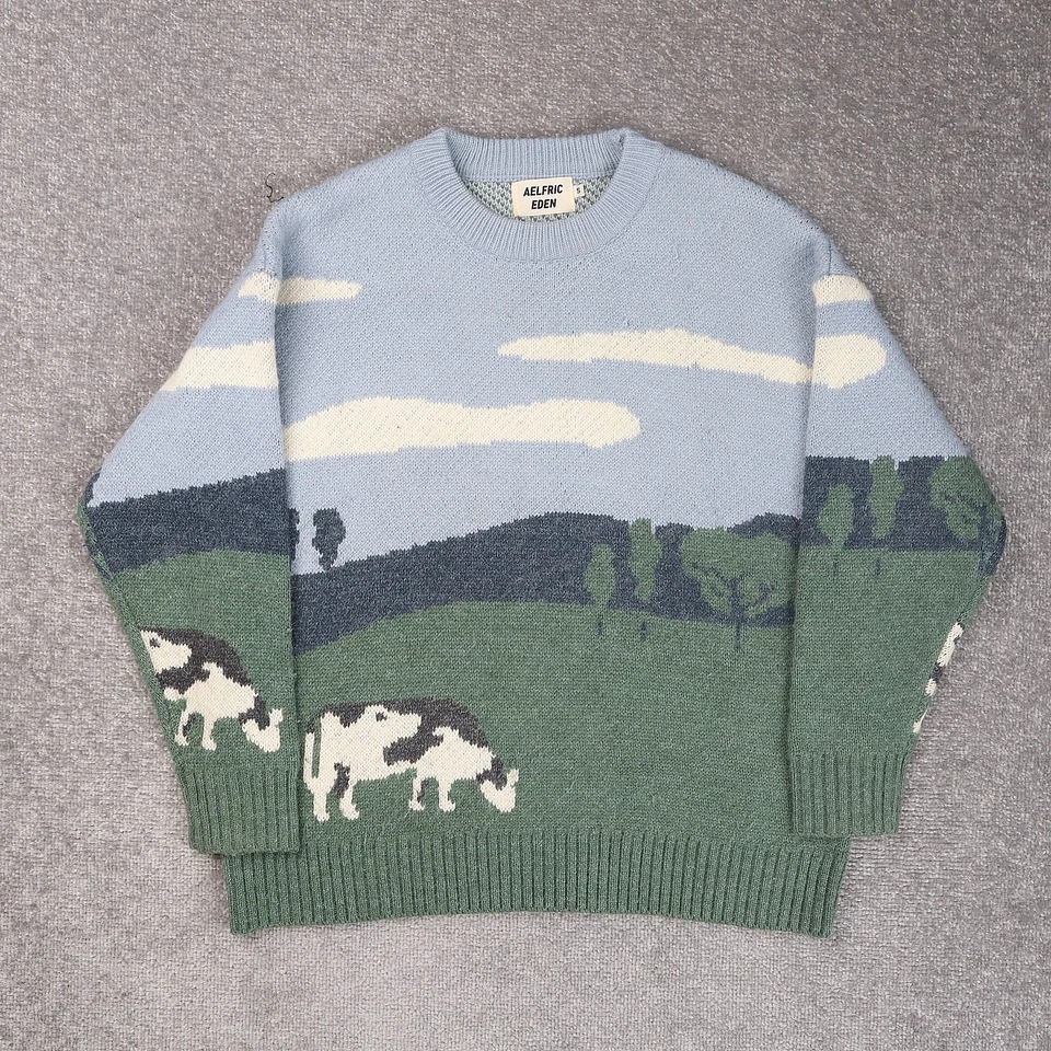 Aelfric Eden Knitted Cow Pasture Small Multicolor Long Sleeve Pullover Sweater - Image 1 of 4