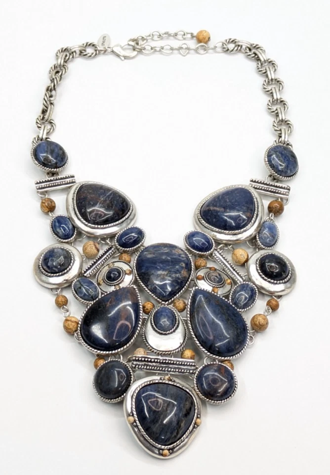 Chico's HUGE Sodalite & Jasper 真石厚围兜项链 19 英寸银色 — 第 1/4 张图片