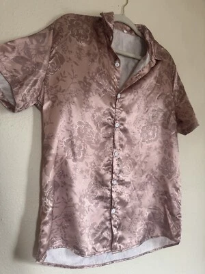 Men’s Satin Floral Button Up Short Sleeve Collared Shirt Lightweight Summer  - Image 1 of 4