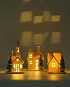 Light up Christmas Ceramic Village Houses White Christmas Porcelain Village with - Picture 1 of 7