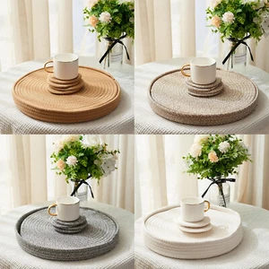 Gewebte Baumwollseil runde Tischsets Set 9-teilig Boho 13 Zoll Tischsets & 4,3 Zoll Untersetzer - Bild 1 von 48
