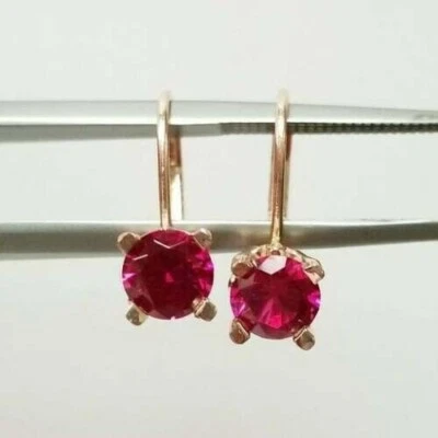 4Ct Round Cut Lab Created Red Ruby Drop Dangle Earring's 14K Yellow Gold Plated - Image 1 of 4