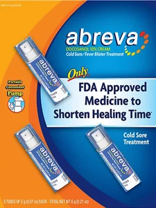 Abreva Docosanol 10% Herpes Treatment Fever Blister and Cold Sore Cream 3pksx2g - Picture 1 of 6